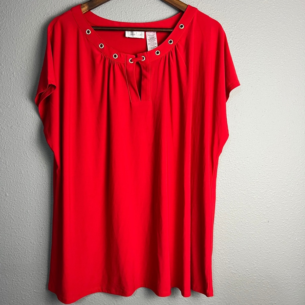 Linda Leal Red Keyhole Blouse Gold Detail Professional Career Wear Plus Size‎ 3X